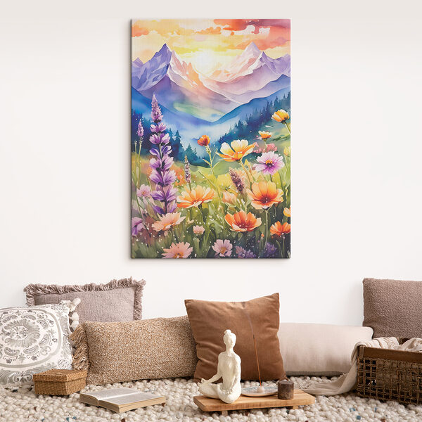 A painting of flowers in a mountain