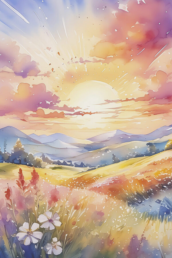 A painting of a landscape with mountains and flowers A painting of a landscape with mountains and flowers