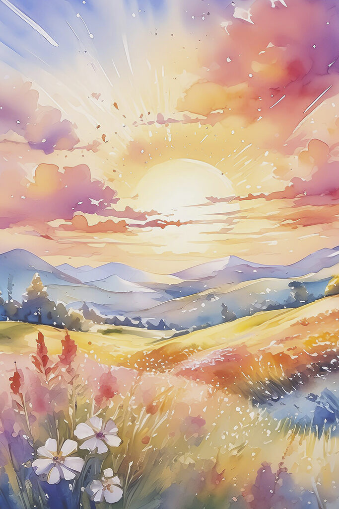 A painting of a landscape with mountains and flowers A painting of a landscape with mountains and flowers