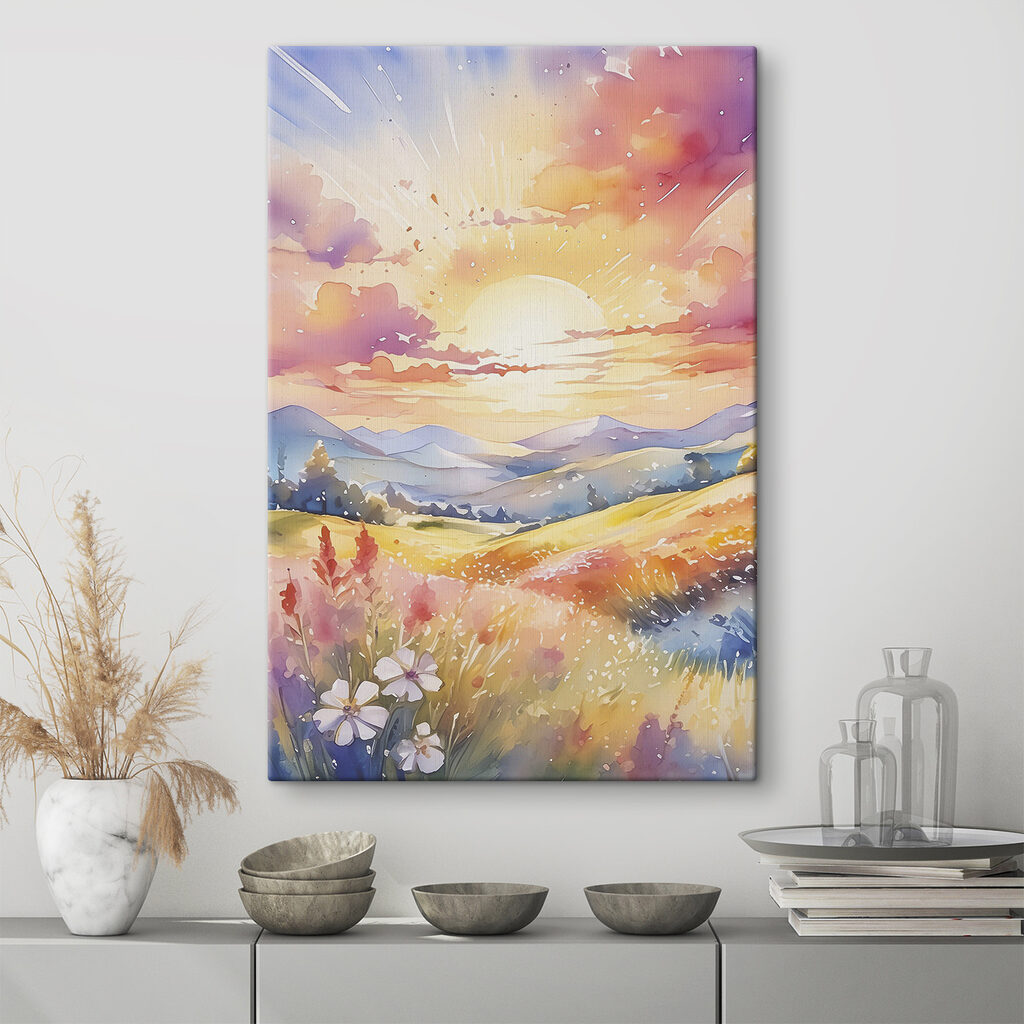 A painting of a landscape with mountains and flowers A painting of a landscape with mountains and flowers