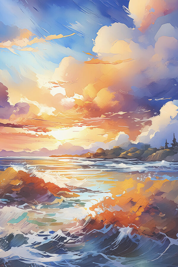 A painting of a beach with a sunset A painting of a beach with a sunset