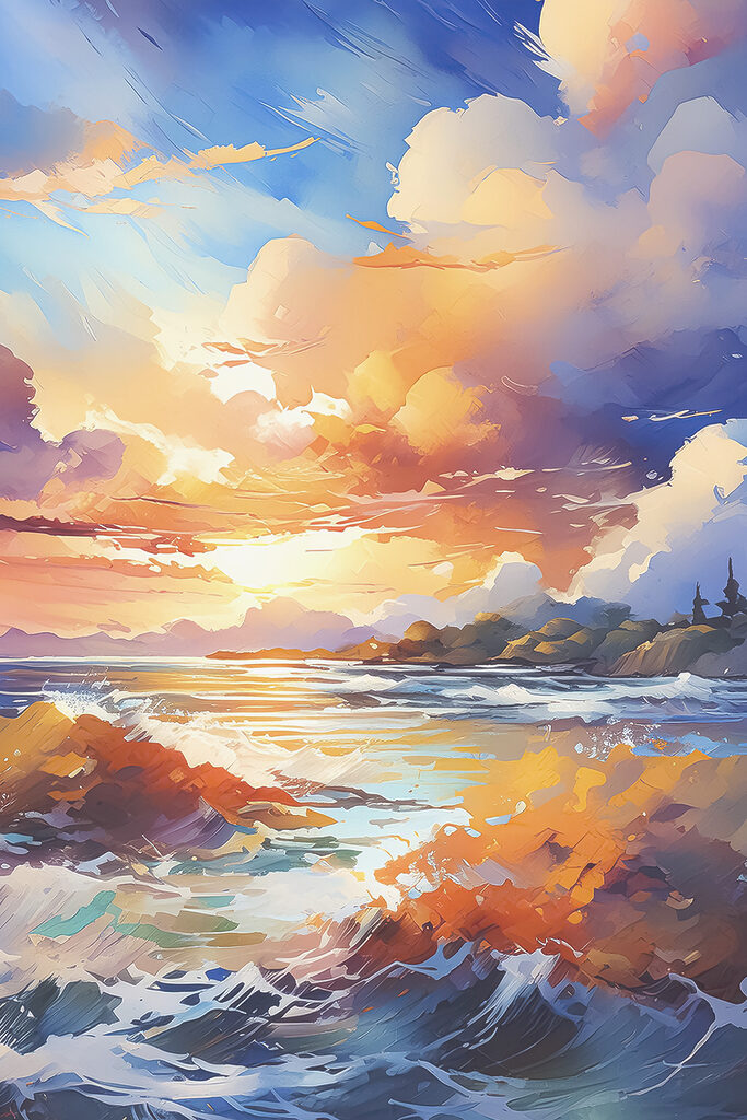 A painting of a beach with a sunset A painting of a beach with a sunset
