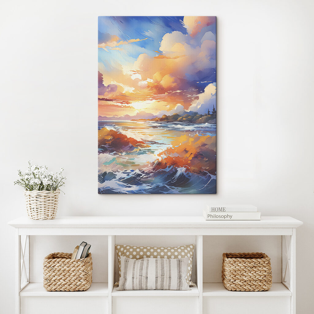A painting of a beach with a sunset A painting of a beach with a sunset