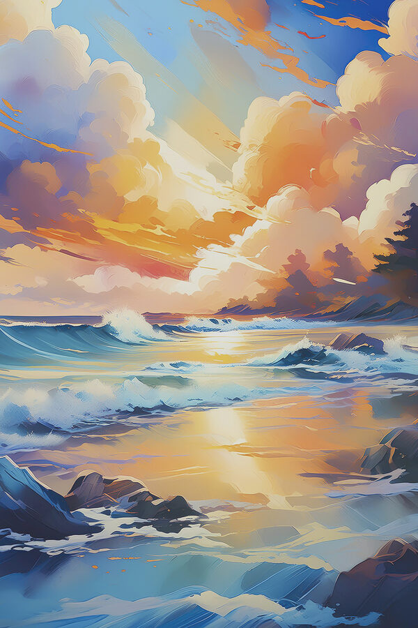 A painting of a beach with waves and rocks