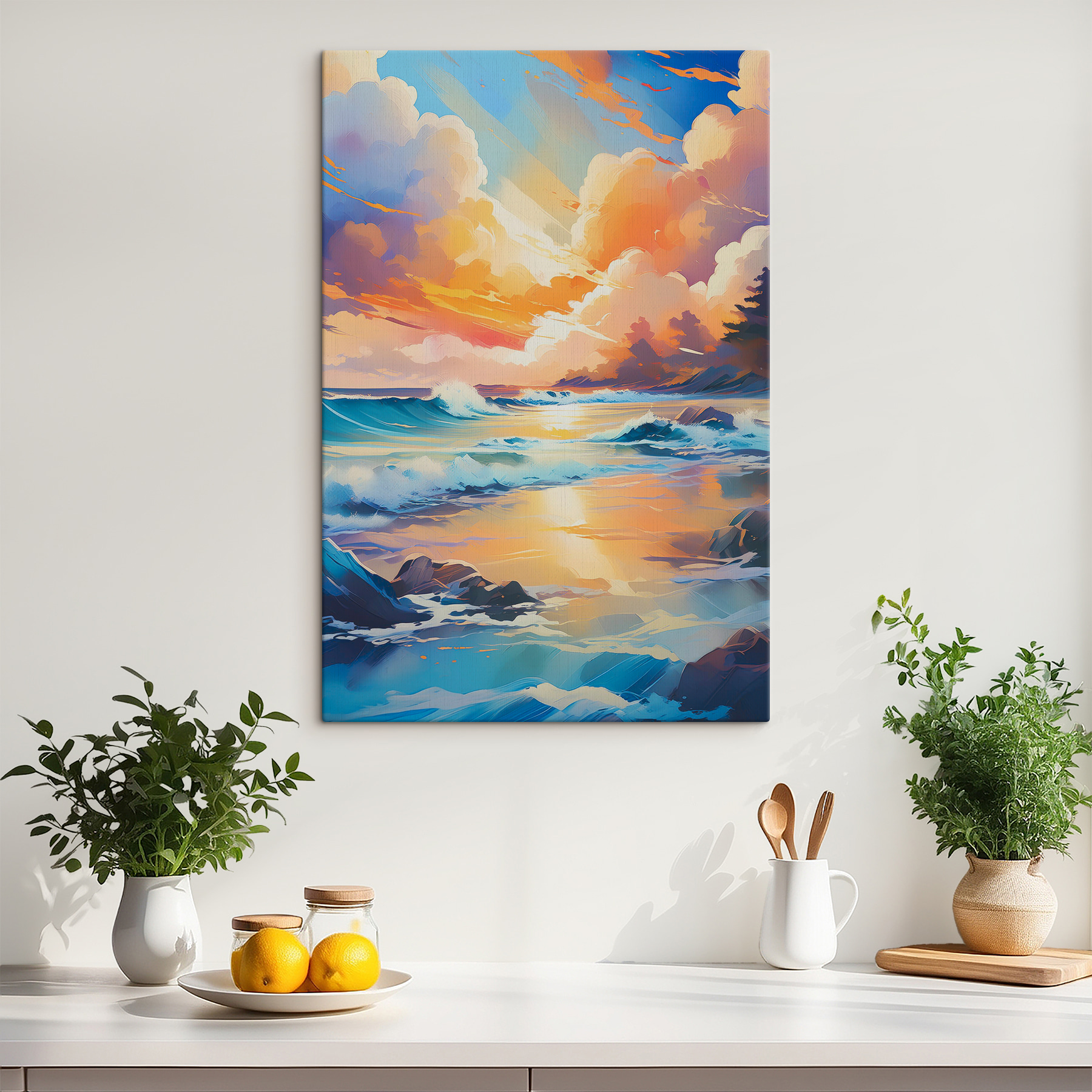 A painting of a beach with waves and rocks