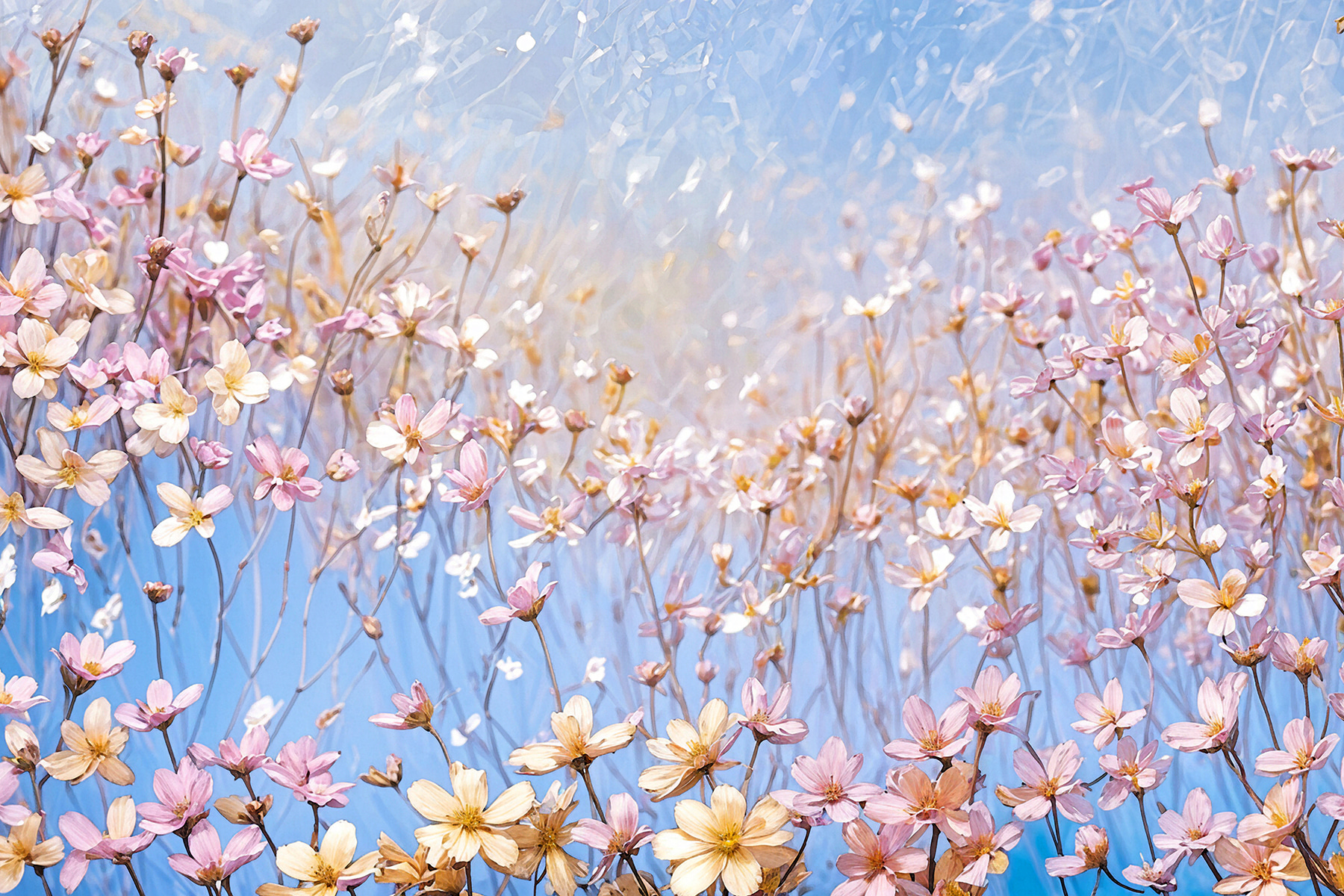 A group of flowers on a clear surface