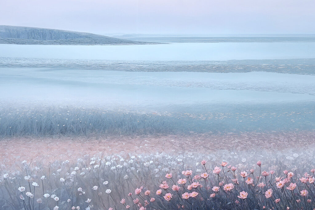 A field of flowers by a body of water