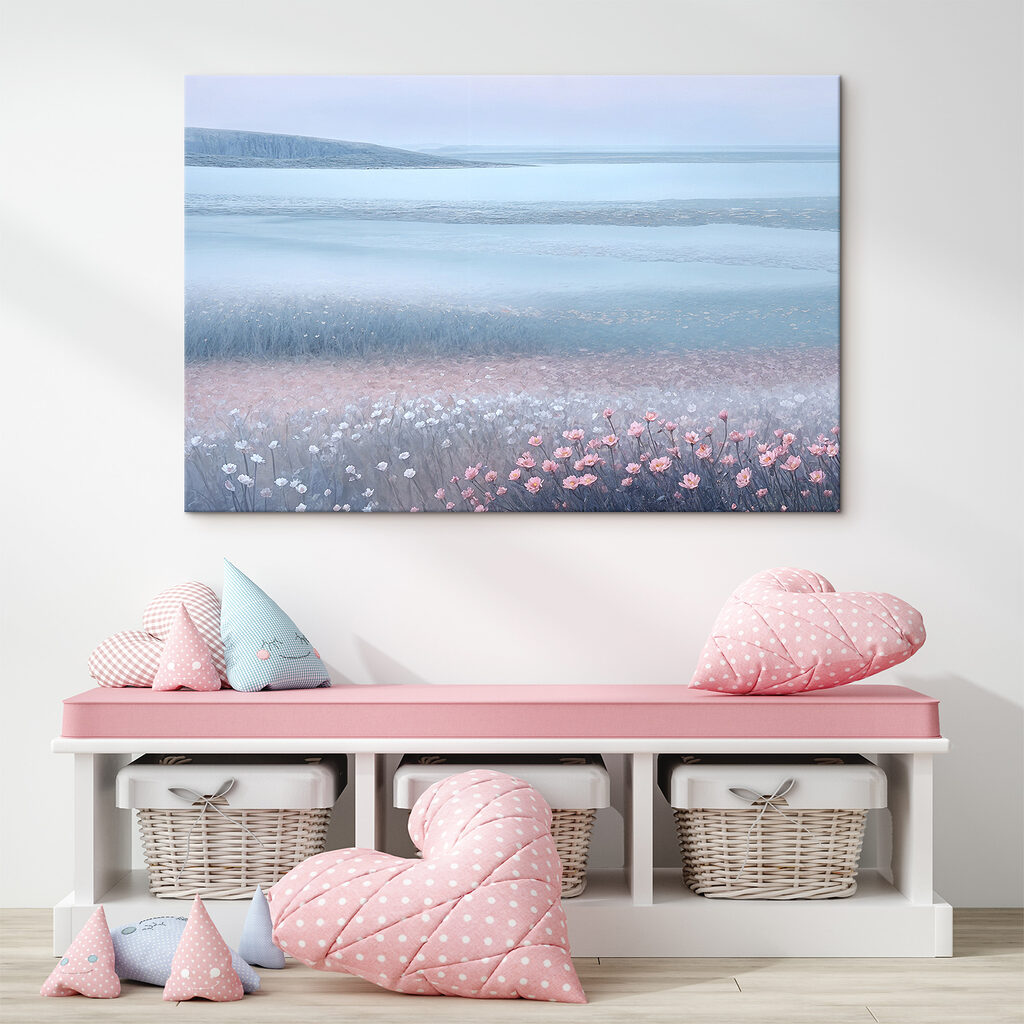 A field of flowers by a body of water