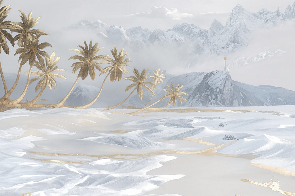 A snowy landscape with palm trees
