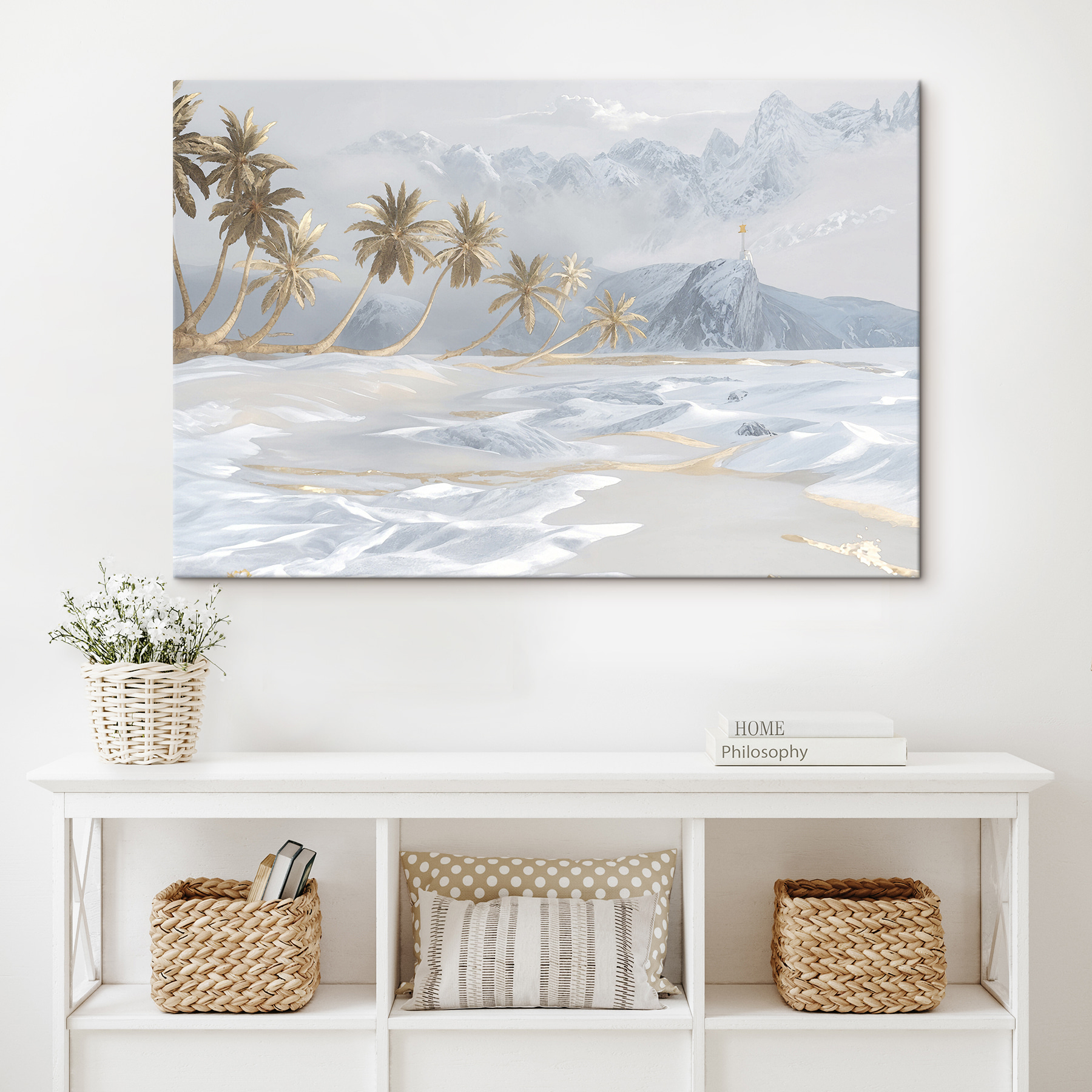 A snowy landscape with palm trees