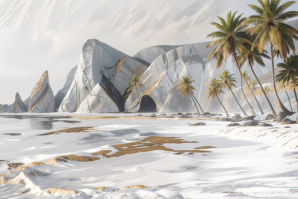 A snowy beach with palm trees and mountains