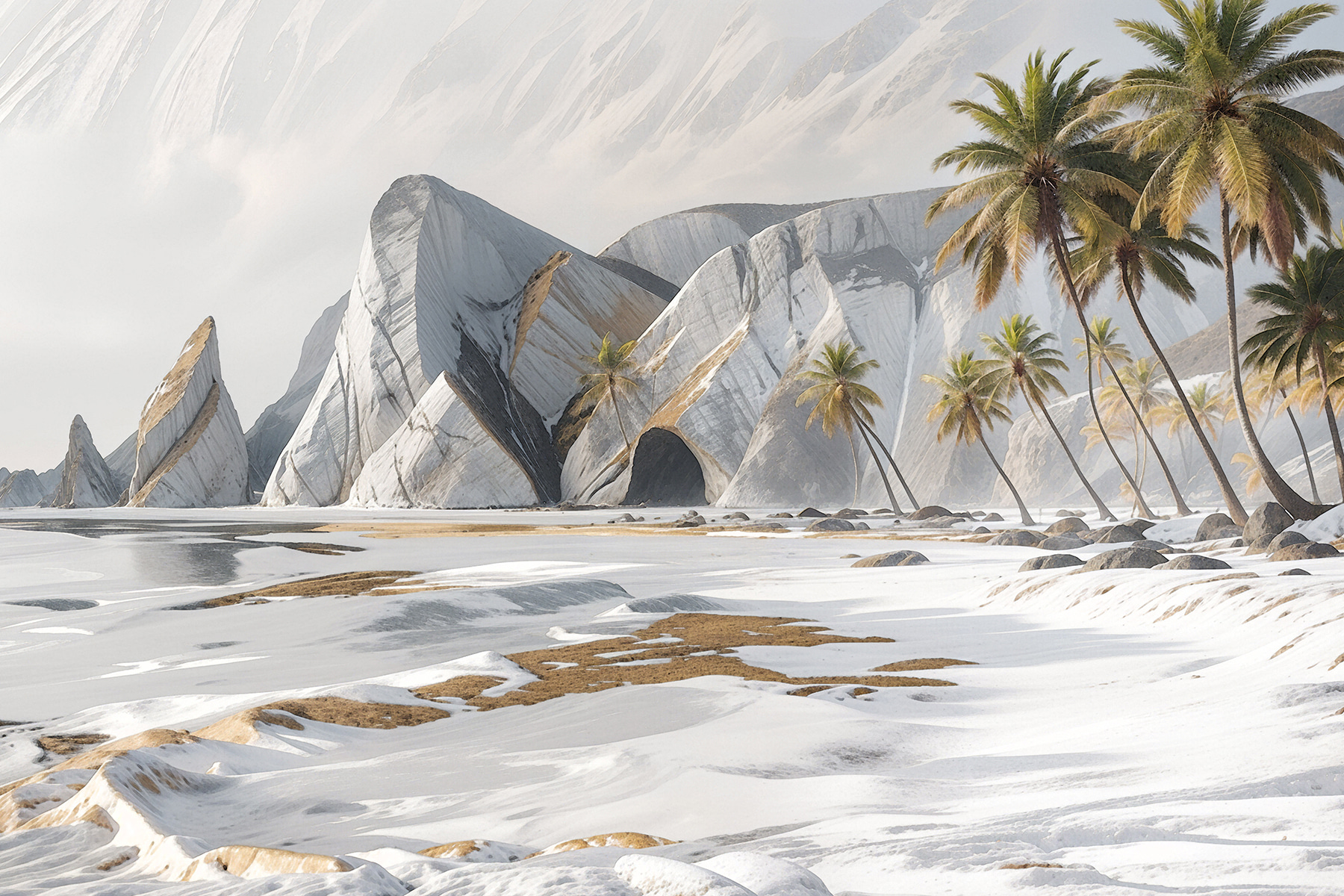 A snowy beach with palm trees and mountains
