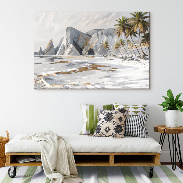 A snowy beach with palm trees and mountains