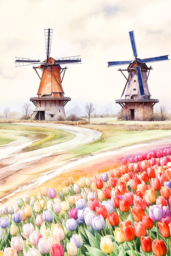 A windmills in a field of tulips