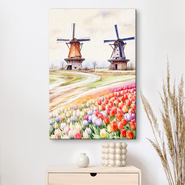 A windmills in a field of tulips