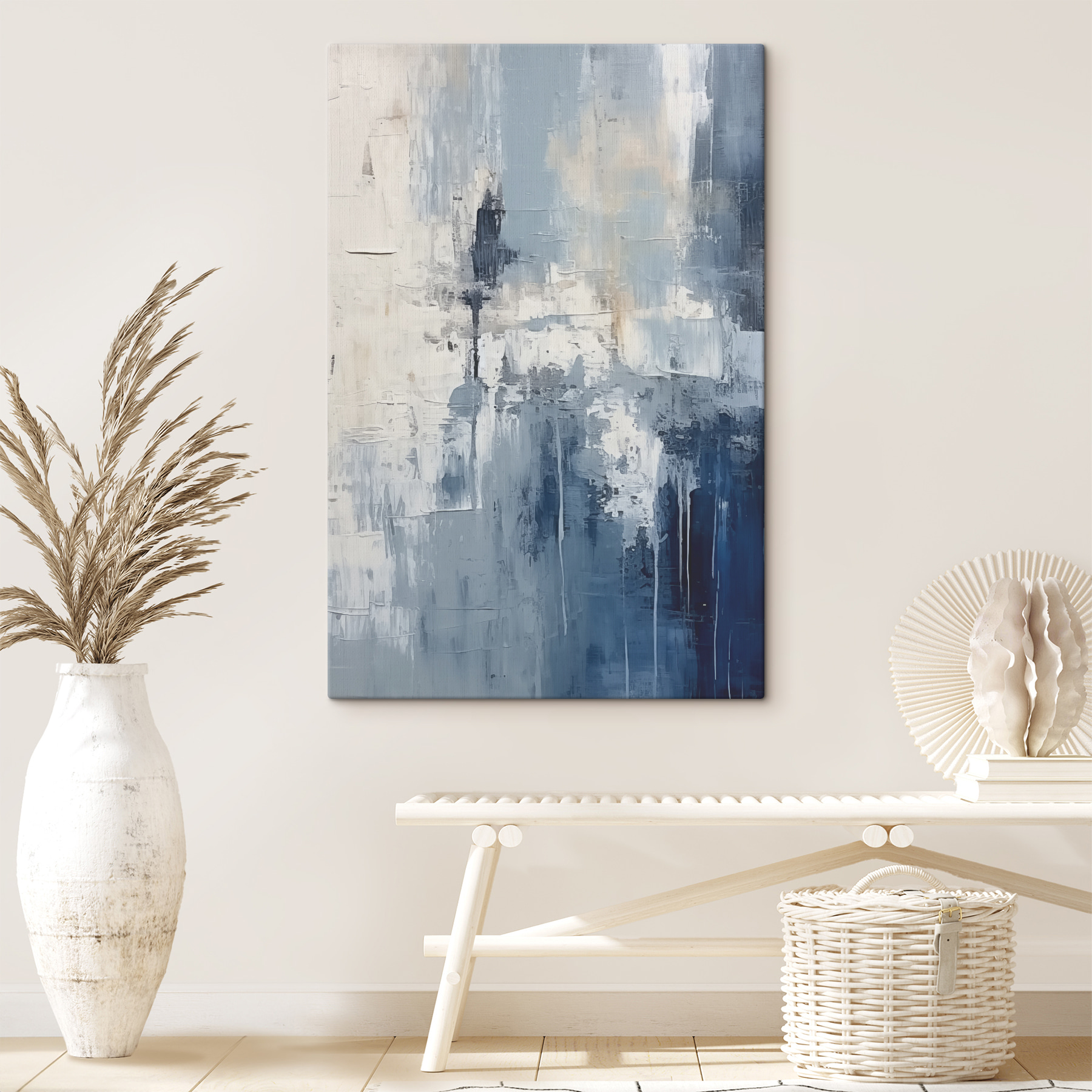 A painting of a blue and white wall A painting of a blue and white wall