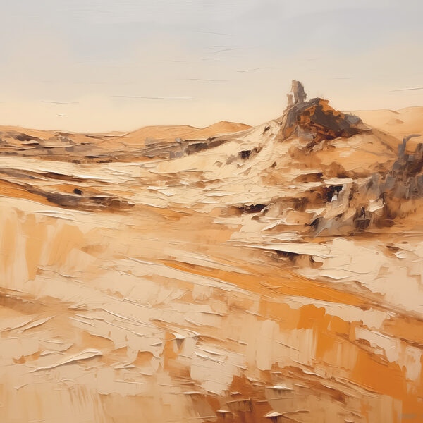 A desert landscape with sand and rocks