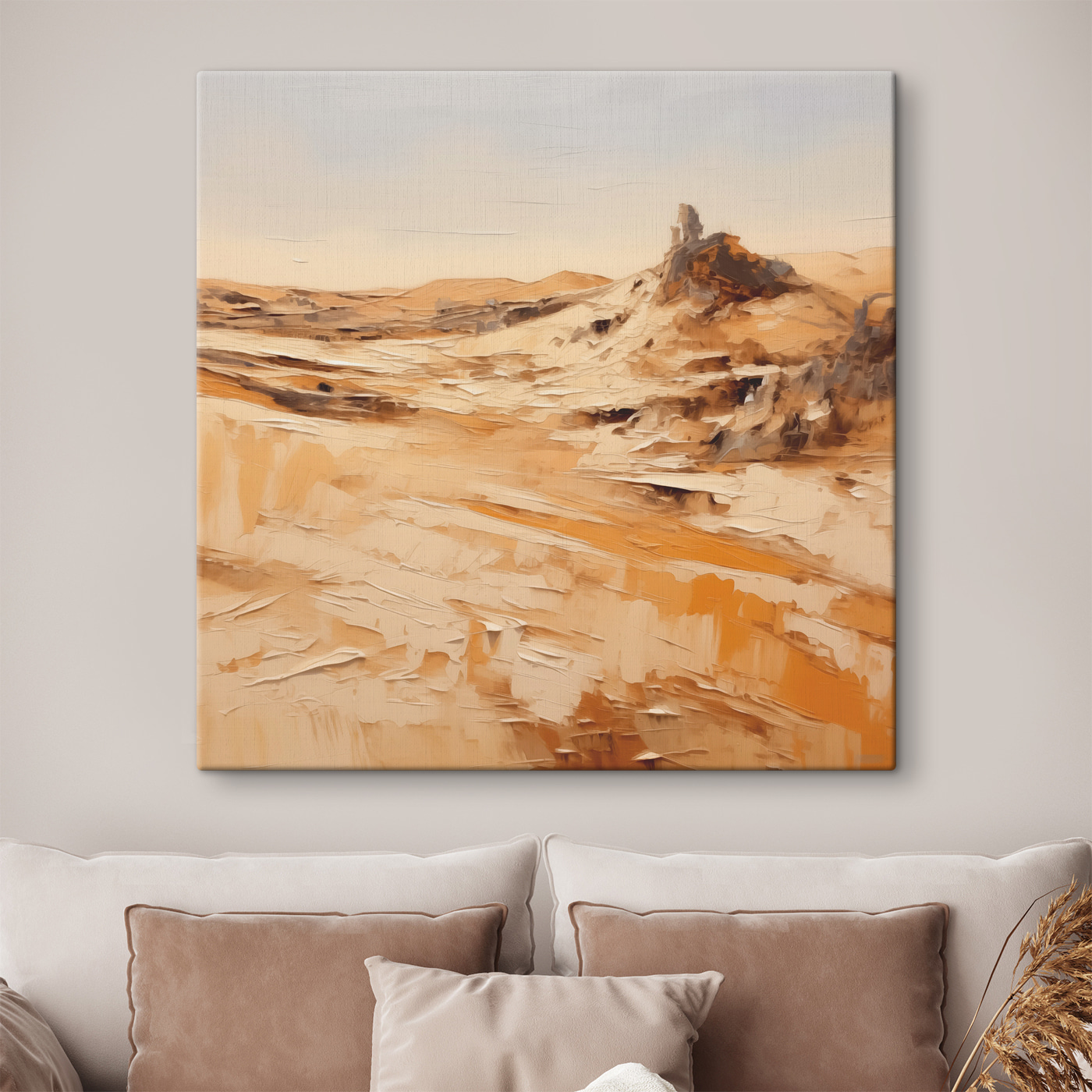 A desert landscape with sand and rocks