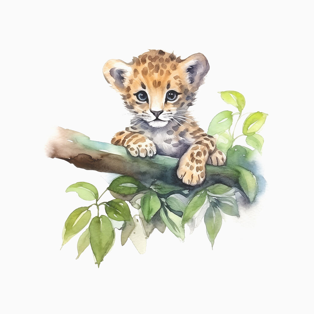 A watercolor of a baby leopard on a tree branch