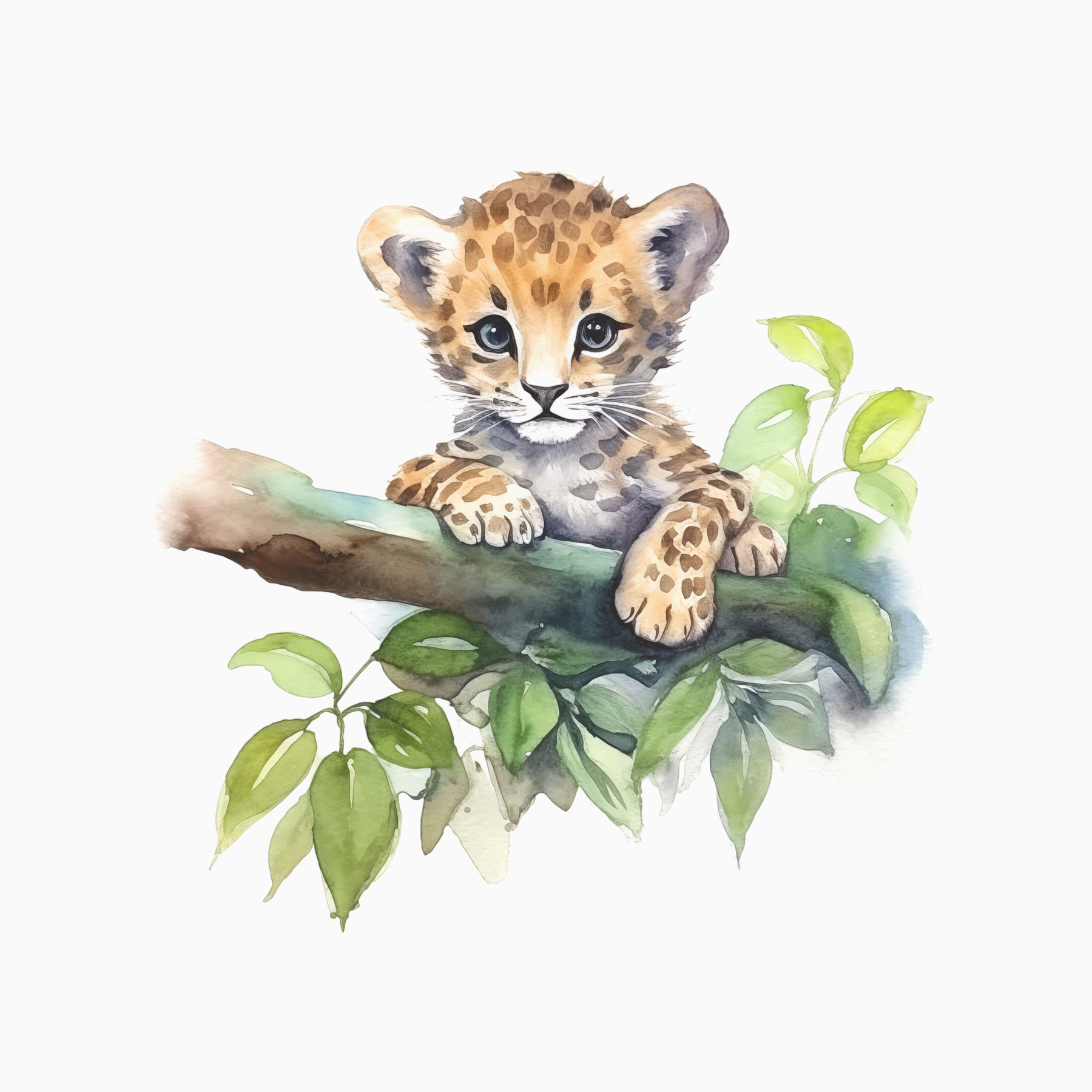 A watercolor of a baby leopard on a tree branch