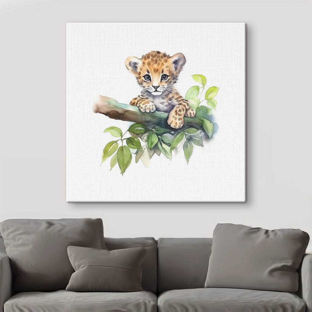 A watercolor of a baby leopard on a tree branch