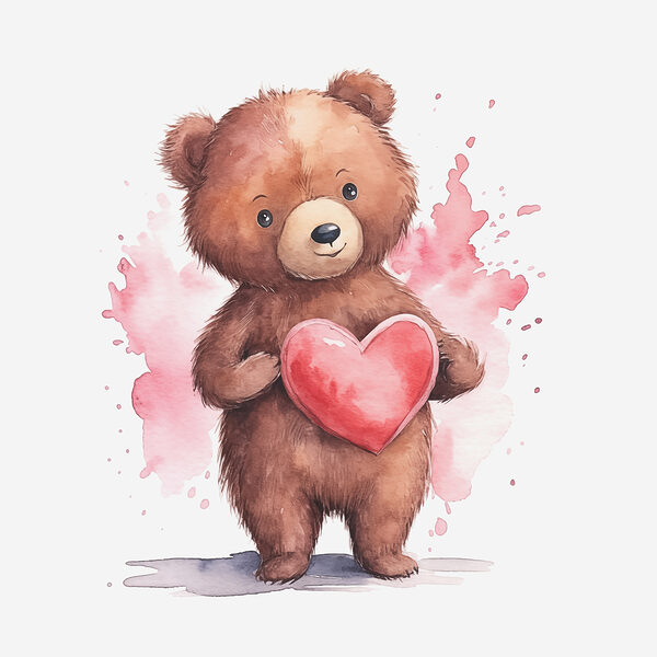 A watercolor of a teddy bear holding a heart