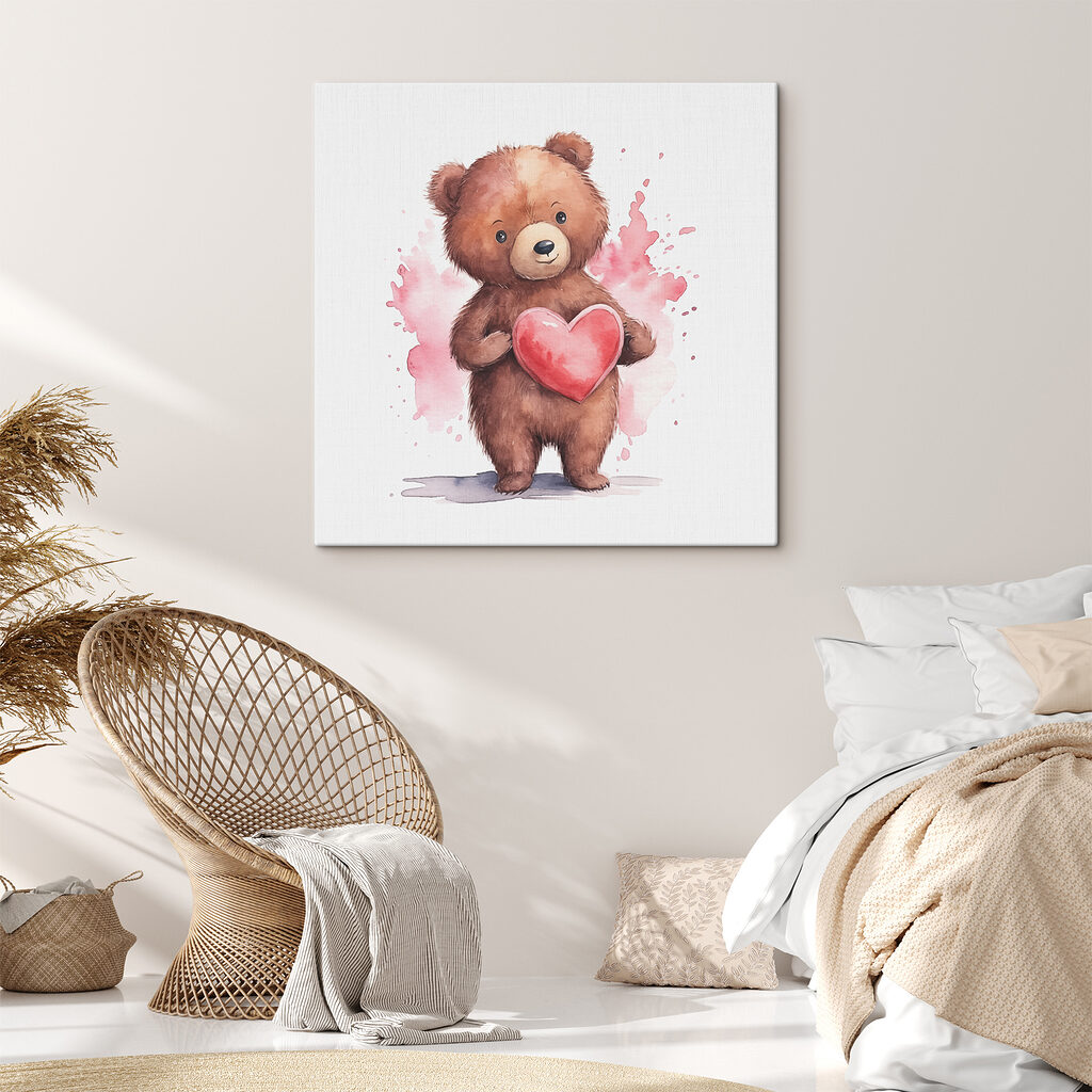 A watercolor of a teddy bear holding a heart