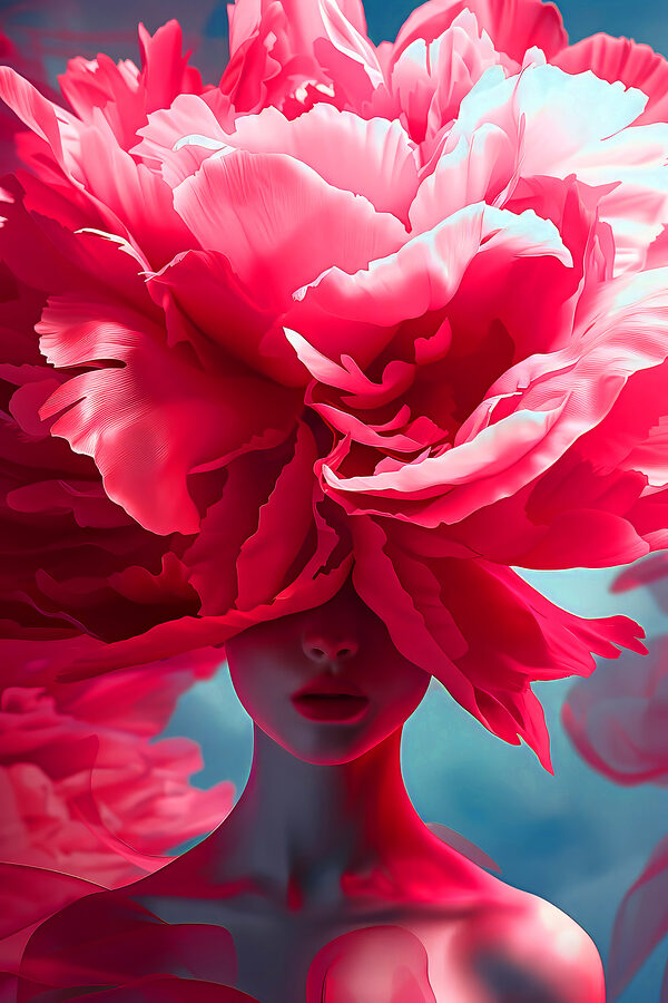 A mannequin with a large flower on her head