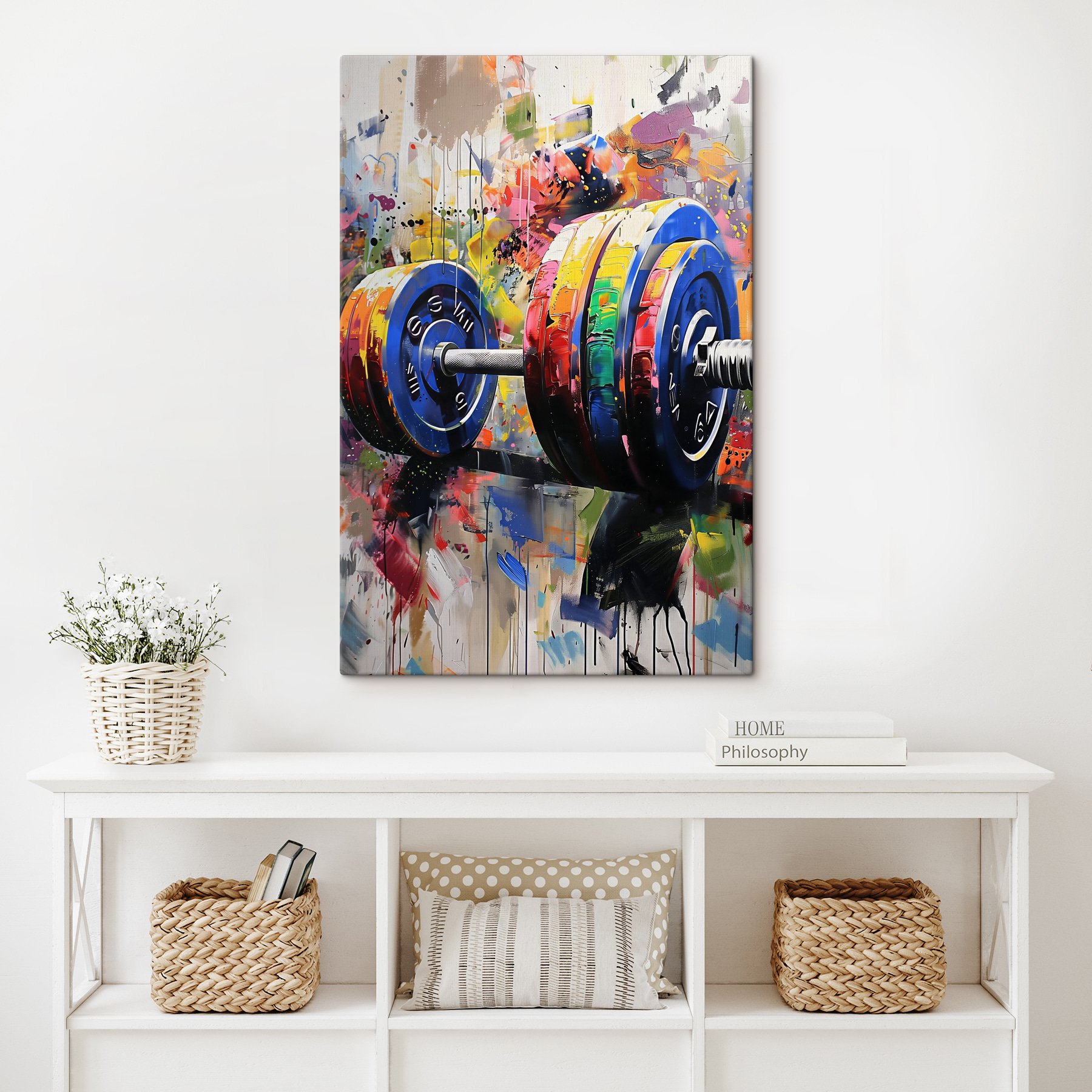 A painting of a colorful barbell A painting of a colorful barbell