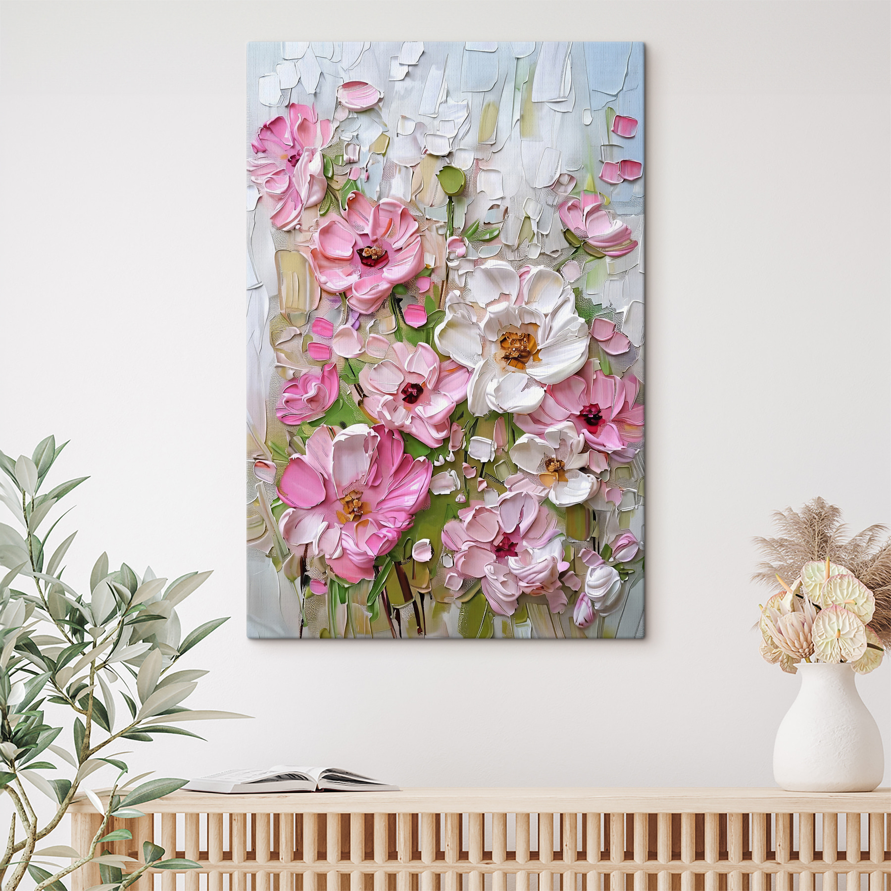A painting of flowers on a white surface