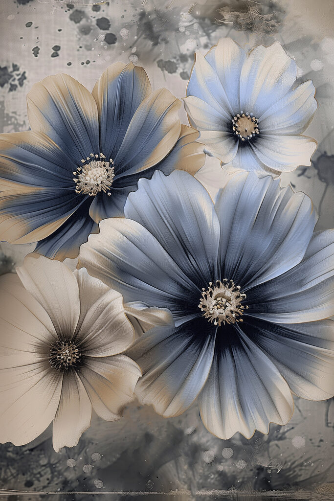 A group of flowers with white and blue petals