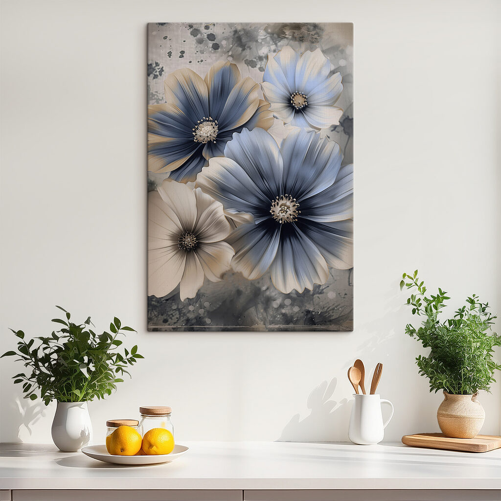 A group of flowers with white and blue petals