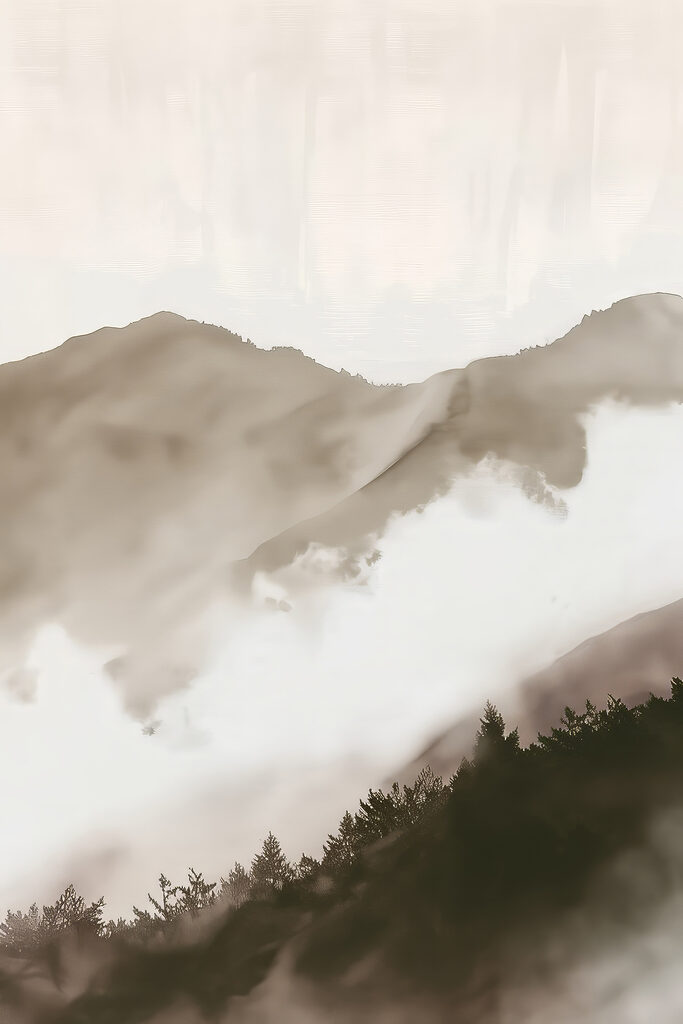 A foggy mountain range with trees