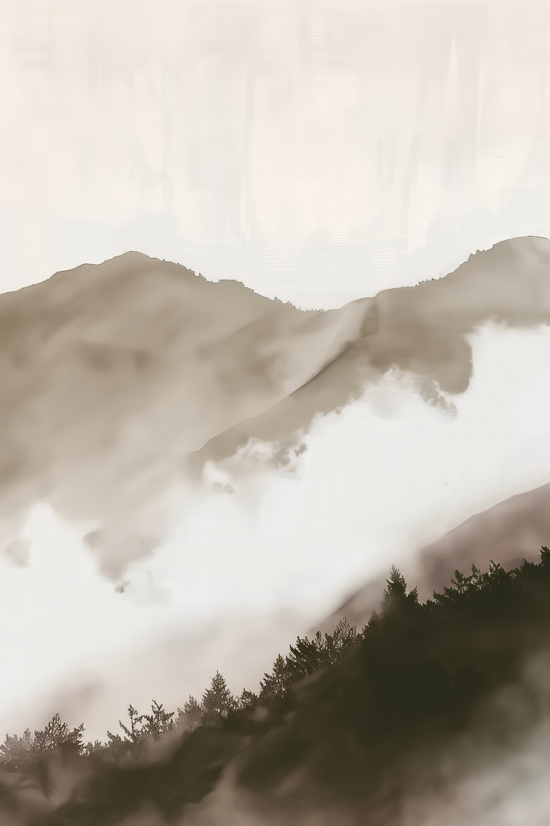 A foggy mountain range with trees