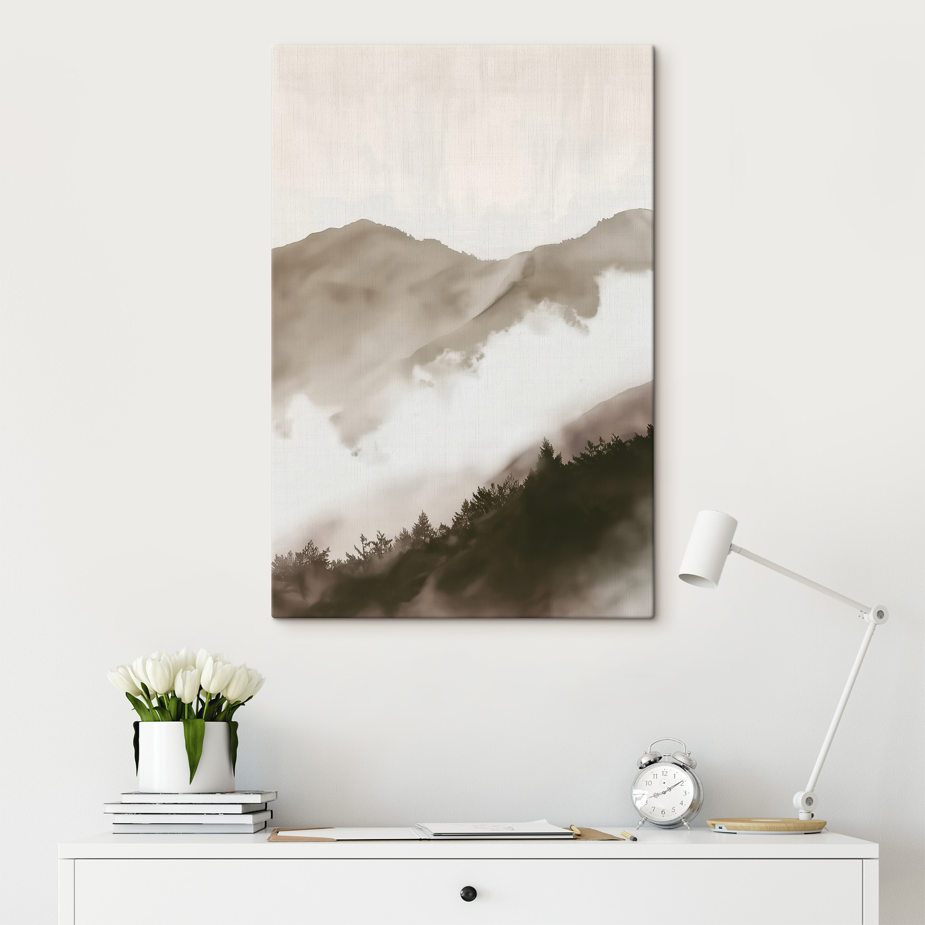 A foggy mountain range with trees