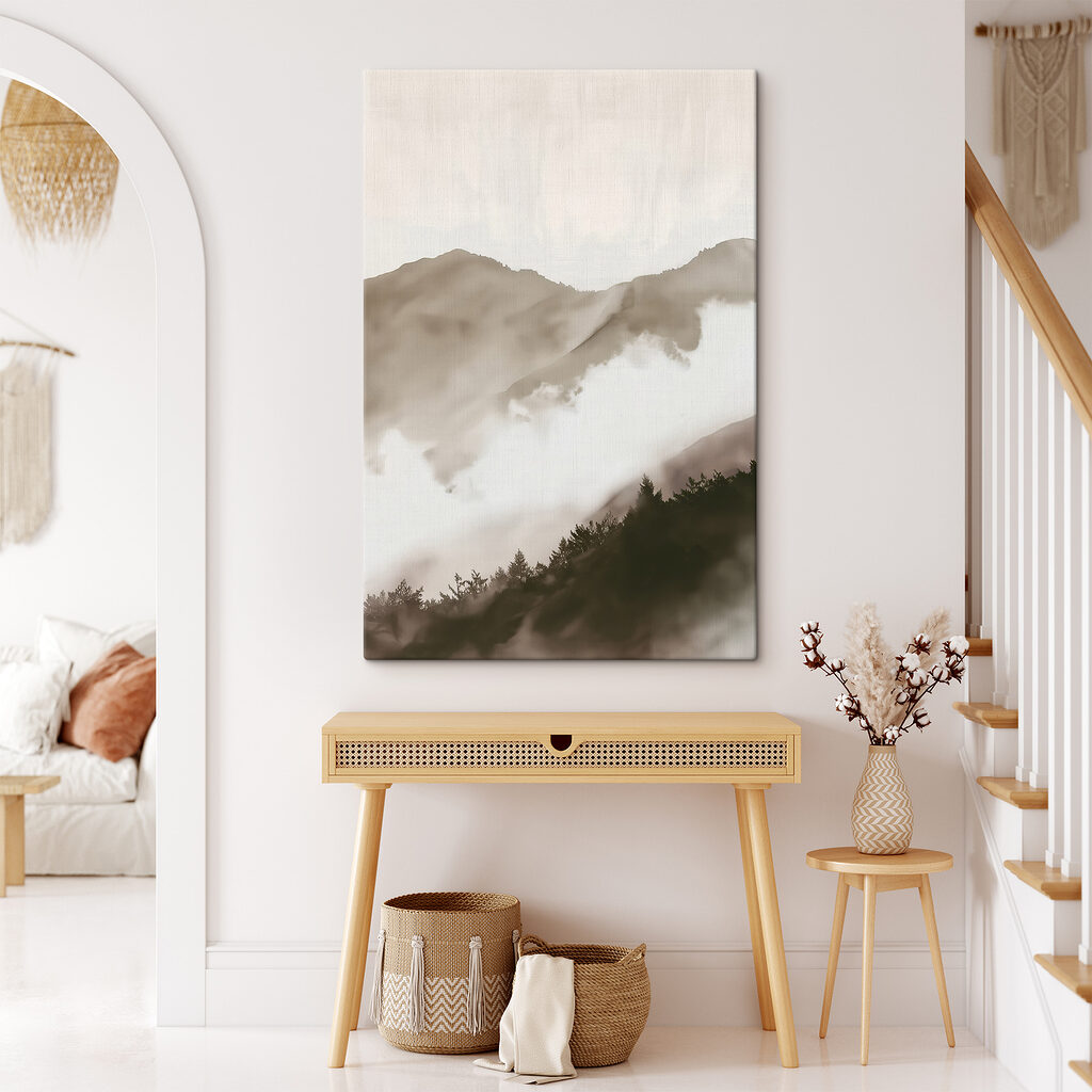A foggy mountain range with trees