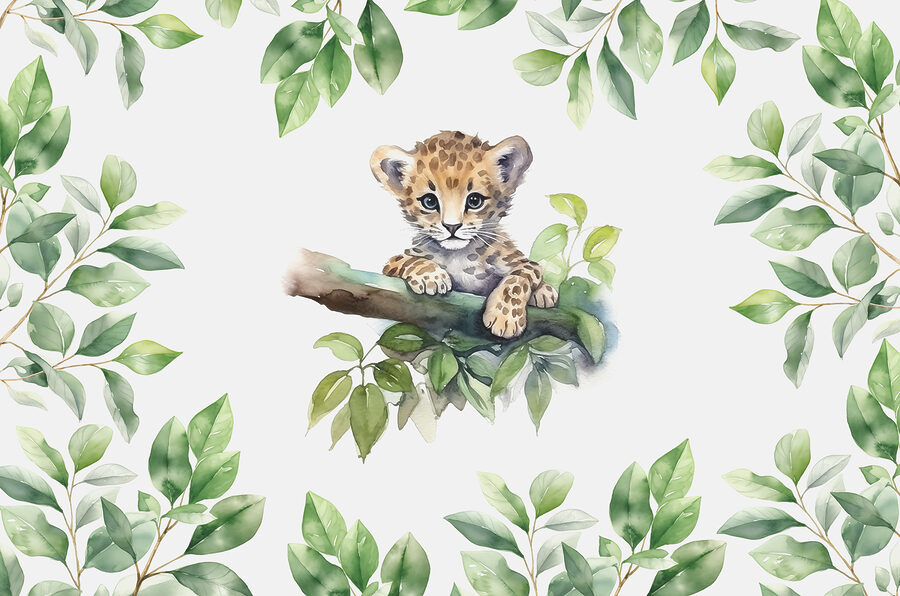 Carta da parati Acquerello di un cucciolo di leopardo sul ramo di un albero - immagine 3