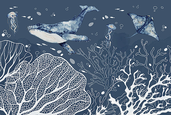 Una balena e delle razze che nuotano nell'oceano Una balena e delle razze che nuotano nell'oceano