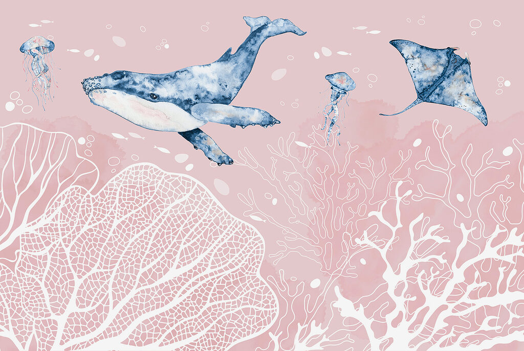 Una balena e delle razze che nuotano nell'oceano Una balena e delle razze che nuotano nell'oceano