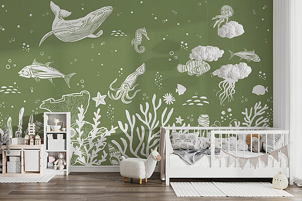 A sea life drawing on a green background