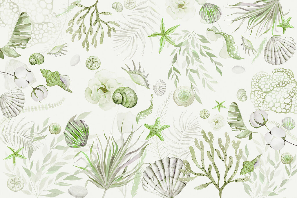 A watercolor sea creatures and plants