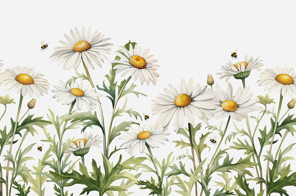 Un gruppo di fiori bianchi con centro giallo e foglie verdi Un gruppo di fiori bianchi con centro giallo e foglie verdi