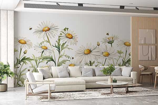Un gruppo di fiori bianchi con centro giallo e foglie verdi Un gruppo di fiori bianchi con centro giallo e foglie verdi