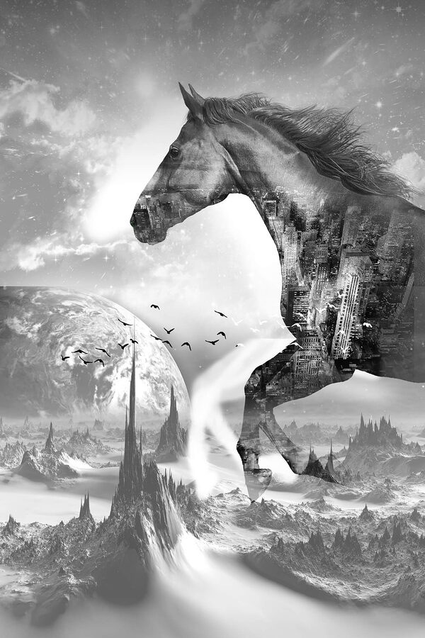 A horse running in a city