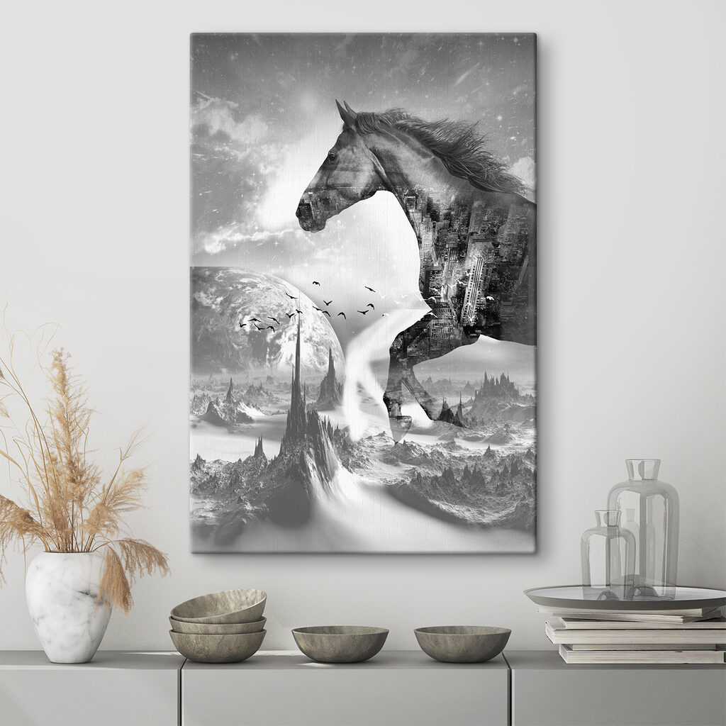 A horse running in a city
