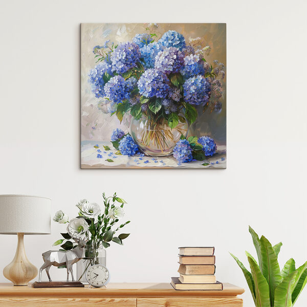Quadri Un dipinto raffigurante un vaso con fiori blu