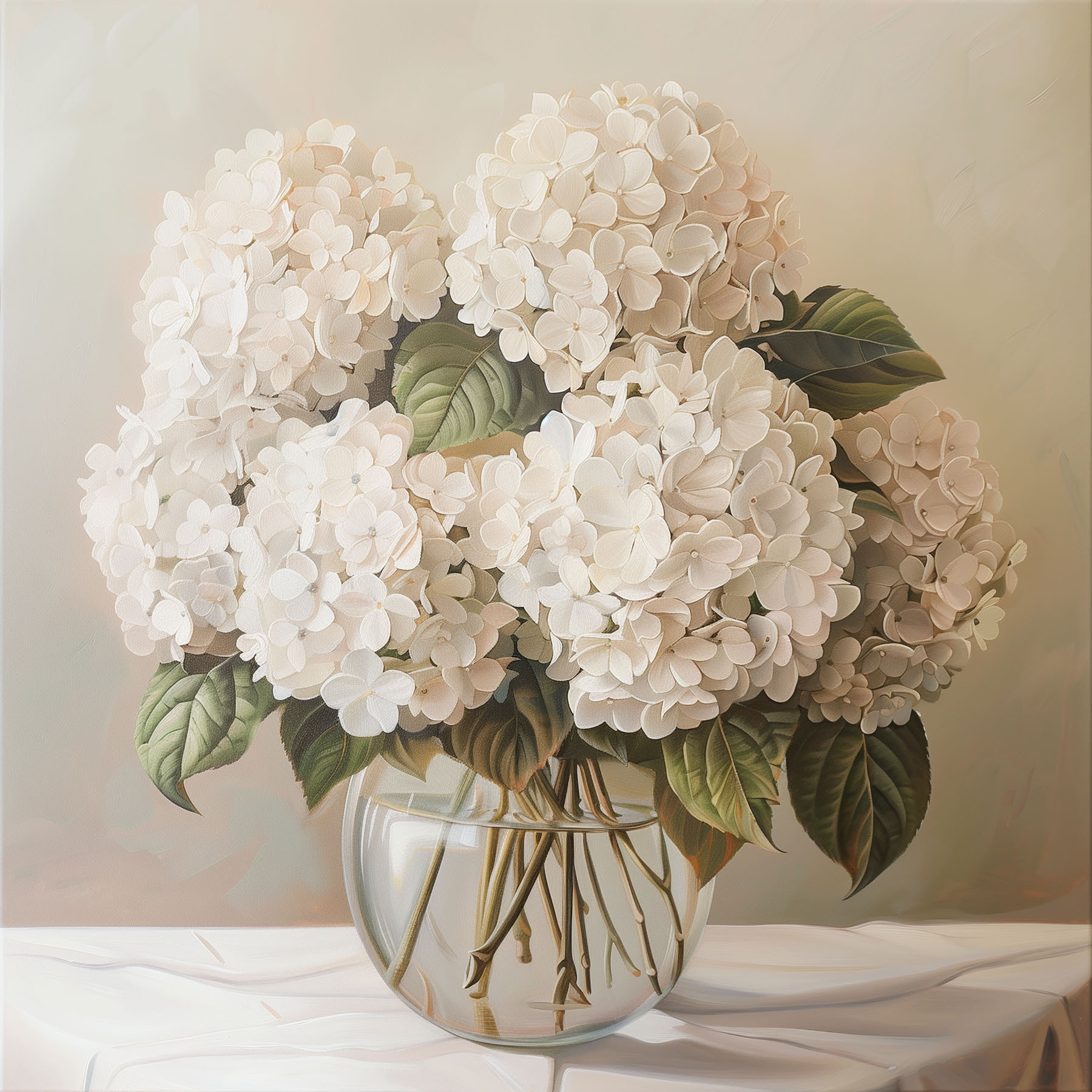 A painting of a bouquet of white flowers in a glass vase