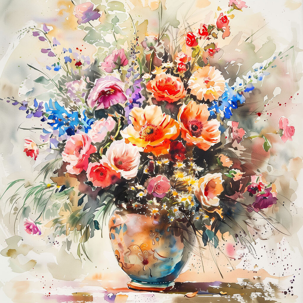 A watercolor of a vase of flowers