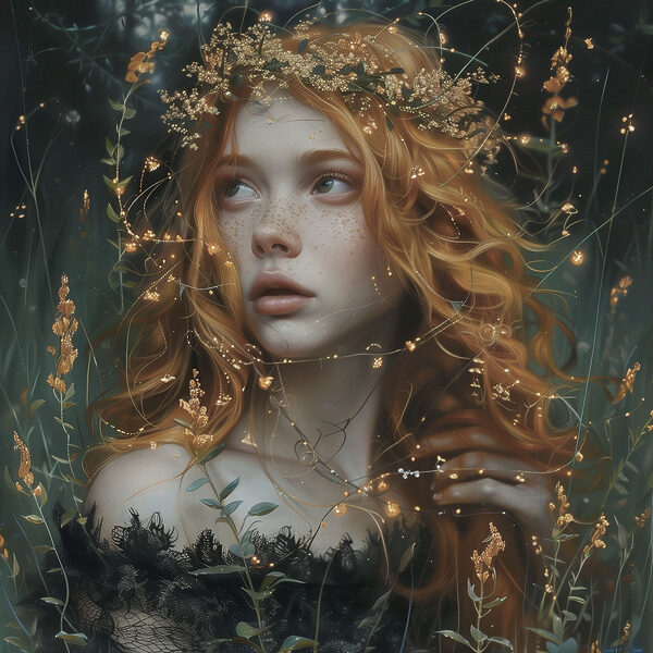 Forest enchantress amidst glowing lights