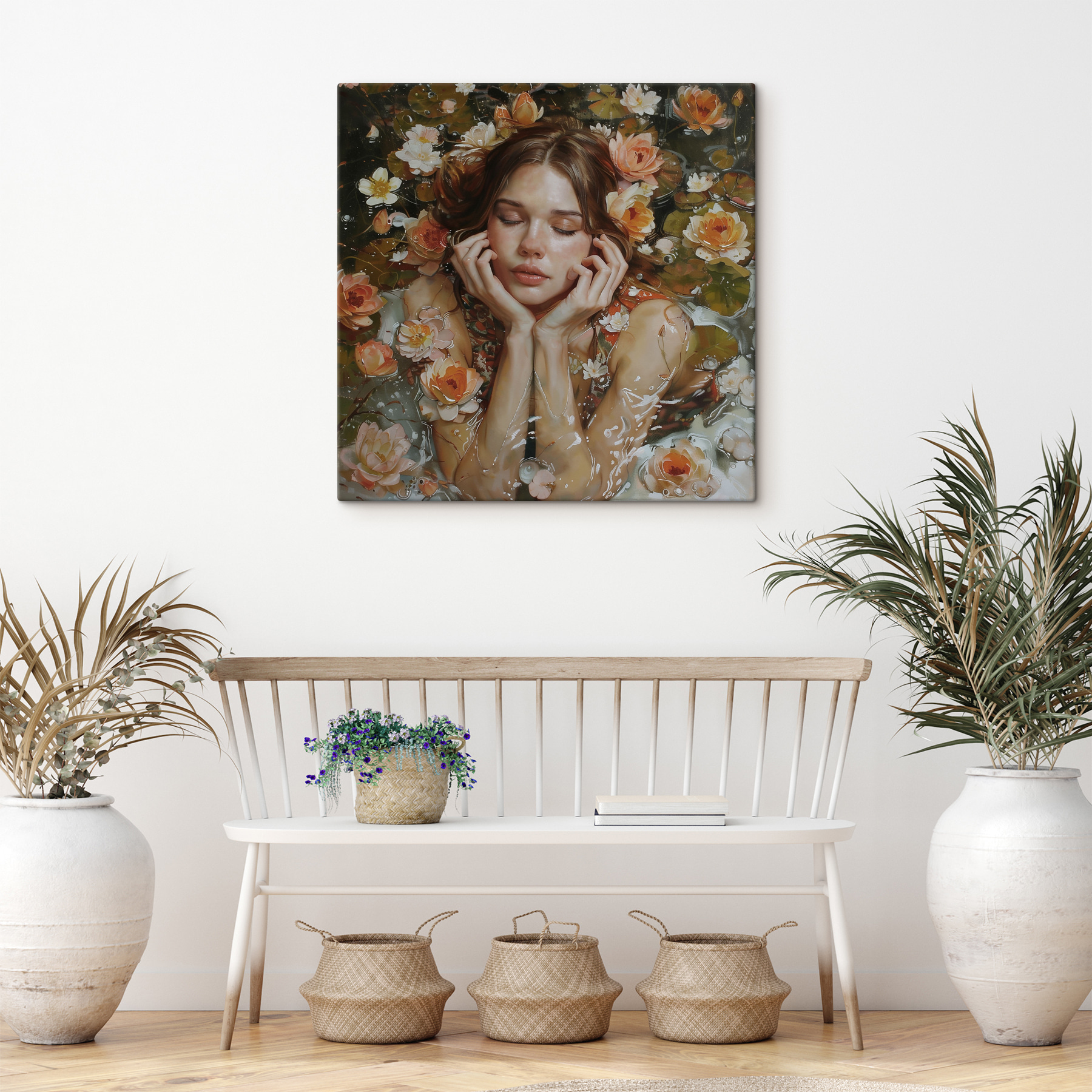 A painting of a woman lying in water with flowers